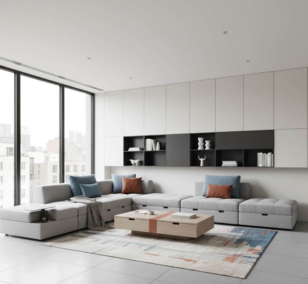 Modern minimalist living room with modular furniture